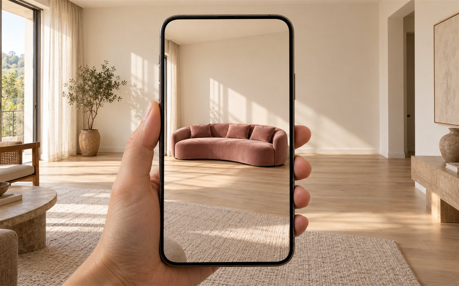 Celular mostrando um sofá rosa posicionado em realidade aumentada numa sala iluminada
